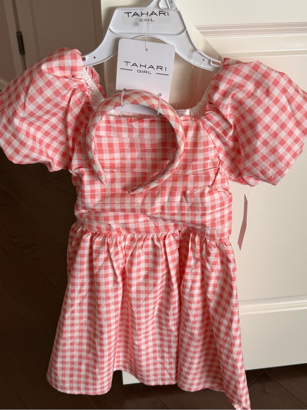 Tahari Girl Pink and White Gingham Puff-Sleeve Dress with Headband